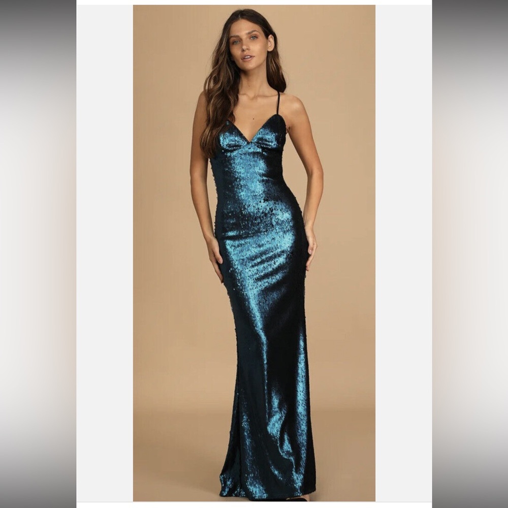 See You Stunning Teal Blue Sequin Lace-Up Maxi Dress